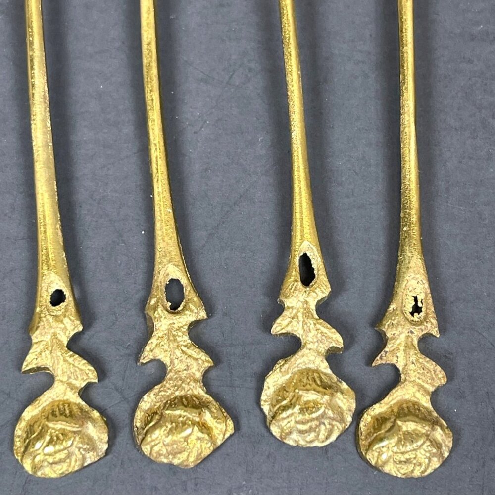 Brass Demitasse Coffee Spoon Dessert Salad Fork Gold Tone Rose Handle Set 4 VTG - Picture 6 of 13